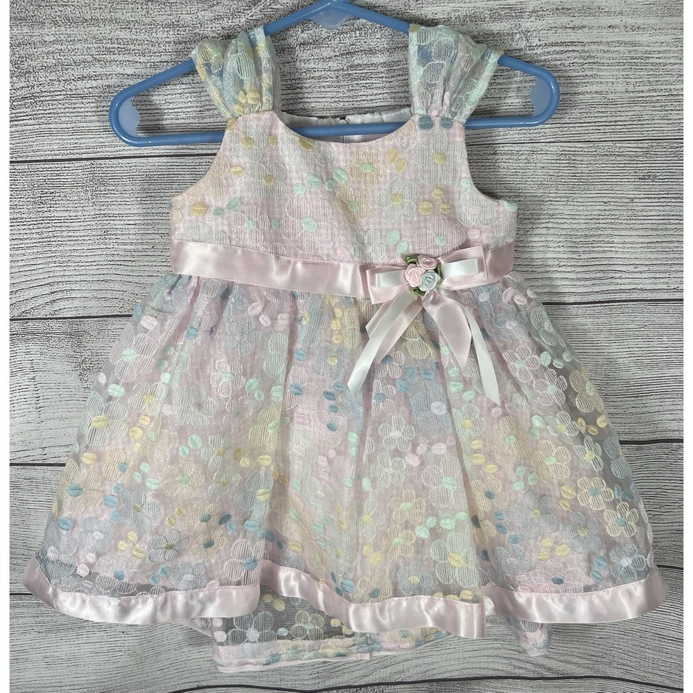 Bonnie Baby Girls 12M Pastel Floral Easter Party Bow Sleeveless Dress